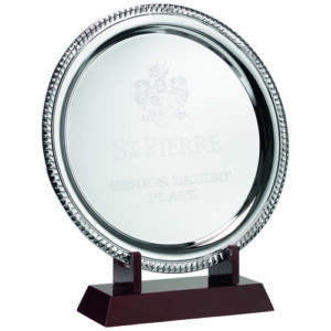 SILVER PLATED 'ROPE' SALVER (12.25") ON WOODEN STAND - 13.75in